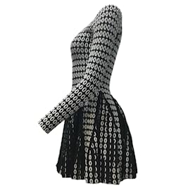 Alaïa-ALAÏA Black / White Printed Long Sleeved Knit Fitted Flared Pleated Mini Cocktail Dress-Black