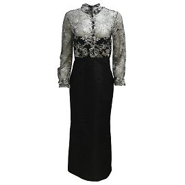 Carolina Herrera Schwarz / Weißes, langärmliges, bodenlanges Spitzenkleid / formelle Kleidung Schwarz