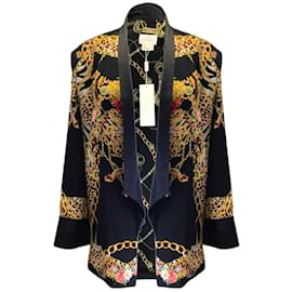 Camilla-Camilla Black / Gold Multi Jewel and Chain Print Embellished Relaxed Silk Jacket-Black
