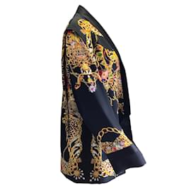 Camilla-camila negro / Chaqueta holgada de seda adornada con estampado de cadenas y joyas múltiples doradas-Negro