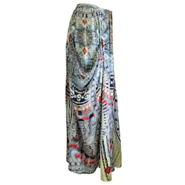Camilla-Falda larga de seda con bolsillos estampados adornados con cristales multicolor Camilla Blue-Multicolor