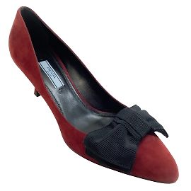 Prada Burgundy Suede Pump with Black Grosgrain Bow Red