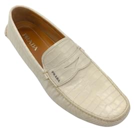 Prada-Prada Men's Ivory Crocodile Leather Driving Loafers-White