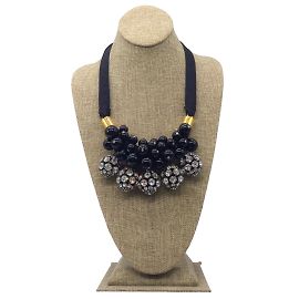 Marni Black Crystal Embellished Spherical Ball Pendant Statement Necklace Black