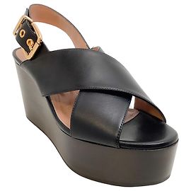 Marni Black Leather Criss Cross Wedge with Buckle Sandals Black