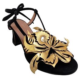 Marni Black Suede Tie Back Sandals with Gold Flower Black