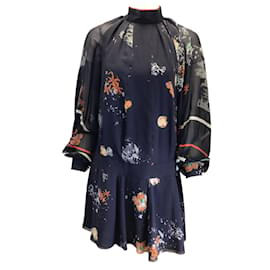 Erdem-Erdem – Schwarzes, langärmliges Kleid aus Seidenchiffon mit Blumenmuster-Blau