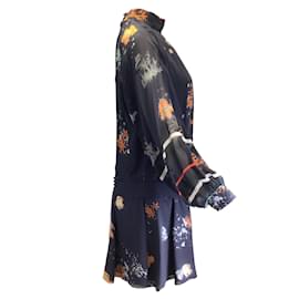 Erdem-Robe noire en mousseline de soie à manches longues et imprimé floral Erdem-Bleu