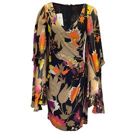 Escada Black / Taupe Multi Retro Printed V-Neck Silk Chiffon Dress Multiple colors