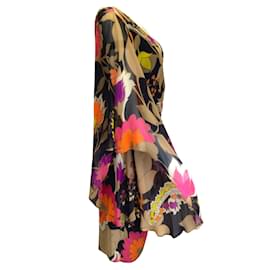 Escada-Escada Noir / Robe taupe en mousseline de soie à col en V multi imprimé rétro-Multicolore