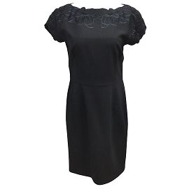 Escada Black Short Sleeved Embroidered Wool Midi Work/Office Dress Black