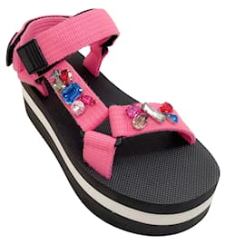 Marni-Marni Pink Camellia Crystal Embellished Platform Sandals-Pink