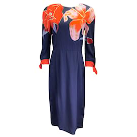 Etro-Etro Navy Blue / Coral Floral Printed Long Sleeved Crepe Dress-Blue
