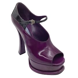 Prada-Prada Purple / Black Open Toe Ultra High Heeled Leather Mary Jane Platform Pumps-Purple