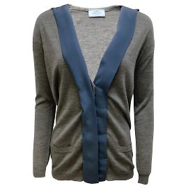 Prada Seidenbandbesatz aus Wolle und Seide in Grau / Blaugrüner Pullover Grau
