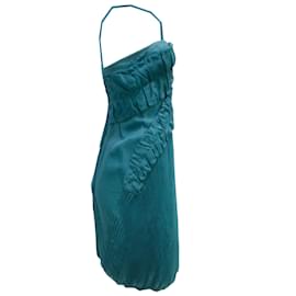 Prada-Prada Teal / Pavone 2006 Sleeveless Silk Organza Cocktail Dress-Blue