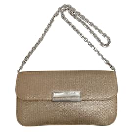 Judith Leiber-Judith Leiber Gold Tweed Raffia Bag with Mother of Pearl Clasp-Golden