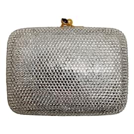 Judith Leiber-Judith Leiber Small Silver Crystal Embellished Minaudière Clutch-Silvery