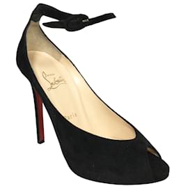 Christian Louboutin-Christian Louboutin Black Rampoldi 120 Peep Toe Suede Ankle Strap Pumps-Black