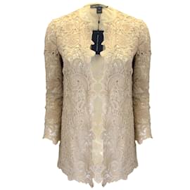 Ralph Lauren-Ralph Lauren Black Label Tan Lambskin Leather Trimmed Open Front Lace Jacket-Beige