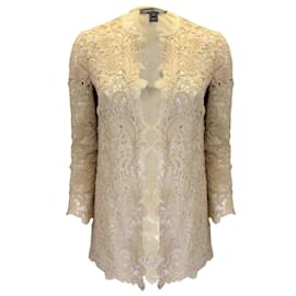 Ralph Lauren-Ralph Lauren Black Label Tan Lambskin Leather Trimmed Open Front Lace Jacket-Beige