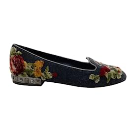 Dolce & Gabbana-Dolce & Gabbana Franela Gris Terciopelo Floral con Zapatos Planos Clave-Gris