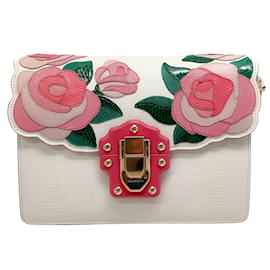 Dolce & Gabbana-Dolce & Gabbana Pink Roses Lucia Elfenbeinfarbene Eidechsenleder-Umhängetasche-Pink