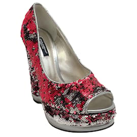 Dolce & Gabbana-Dolce & Gabbana Red / Silver Sequined Peep Toe Platform Pumps-Red