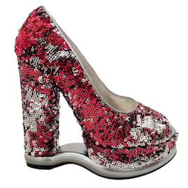 Dolce & Gabbana-Dolce & Gabbana Rojo / Bombas de plataforma peep toe con lentejuelas plateadas-Roja