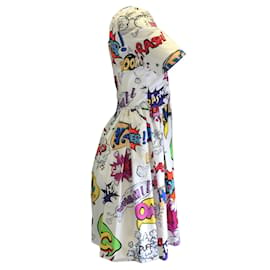 Dolce & Gabbana-Dolce & Gabbana Weißes, kurzärmliges Baumwollkleid mit mehreren Comic-Aufdrucken-Mehrfarben