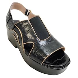 Dries Van Noten-Dries Van Noten Black Croc Embossed Platform Sandal with Gold Embellishments-Black