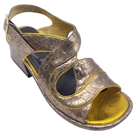 Dries Van Noten-Dries van Noten Bronze Metallic Snakeskin Leather Sandals-Metallic