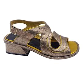 Dries Van Noten-Dries van Noten Bronze Metallic Snakeskin Leather Sandals-Metallic
