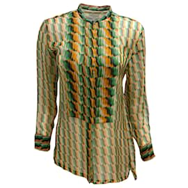 Dries Van Noten-Seca van Noten Verde / Blusa de seda transparente con botones y manga larga con detalle plisado estampado geométrico naranja-Verde