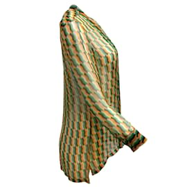 Dries Van Noten-Dries van Noten Green / Blusa de seda transparente com estampa geométrica laranja e detalhe plissado manga comprida-Verde