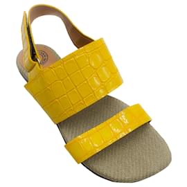 Dries Van Noten-Dries van Noten Yellow Croc Embossed Patent Leather Flat Sandals-Yellow