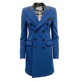 Each x Other Blue Wool and Cashmere Double Breasted Coat with Leather Trim Blue