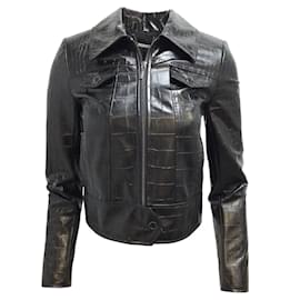 Elie Tahari-Elie Tahari Black Jagger Full Zip Croc Repujado Chaqueta de piel sintética-Negro