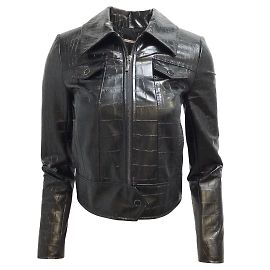 Elie Tahari Black Jagger Full Zip Croc Embossed Faux-leather Jacket Black