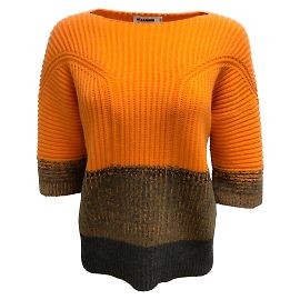 Jil Sander Kurzarm-Rippstrick-Kaschmir-Orange / Anthrazitgrauer Pullover Orange