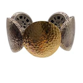 Autre Marque-John Hardy 925 sterling silver and 18K Gold Palu Hammered Disc Wide Cuff Bracelet-Silvery