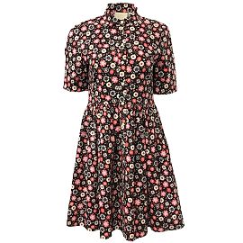 Kate Spade Schwarzes, mehrfarbiges Freizeitkleid mit Retro-Blumenmuster und Knöpfen Schwarz