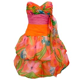 Autre Marque-Lawrence Vintage Orange / Rosafarbenes, trägerloses Kleid mit mehreren Blumenmustern-Orange