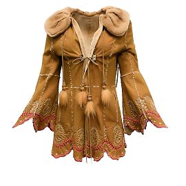 Dennis Basso Tan and Red Embroidered Suede Mink Coat Brown