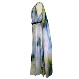 Autre Marque-Leo Lin Blue / Green Multi Willow Print Adriana One Shoulder Maxi Dress-Blue