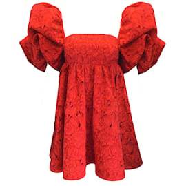 Autre Marque-Leo Lin Scarlet Red Eloise Puff Sleeved Embroidered Mini Dress-Red