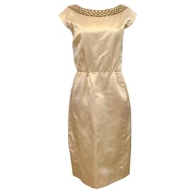 Autre Marque-Lillie Rubin Champagne Silk Vintage Dress with Beaded Neckline-Beige