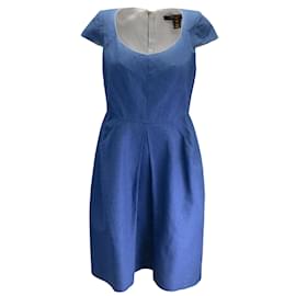 Louis Vuitton-Blaues Louis Vuitton-Chambray-Kleid aus Leinen und Baumwolle mit Flügelärmeln-Blau