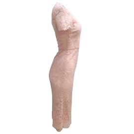 Valentino Garavani-Valentino - Robe mi-longue ajustée en dentelle guipure rose clair à manches courtes-Rose
