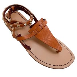 Valentino Tan Leather Rockstud Flat Sandal with Ankle Strap Brown